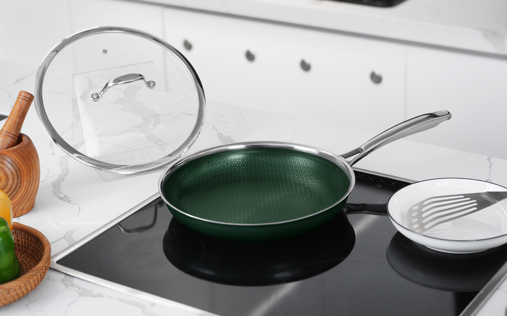 28cm Honey Comb Tri-ply Stainless Steel Fry Pan Green - Image 3